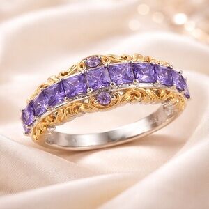 Simulated Purple Diamond Ring Size 8 ION Plated 18K YG Platinum Bond Brass CZ